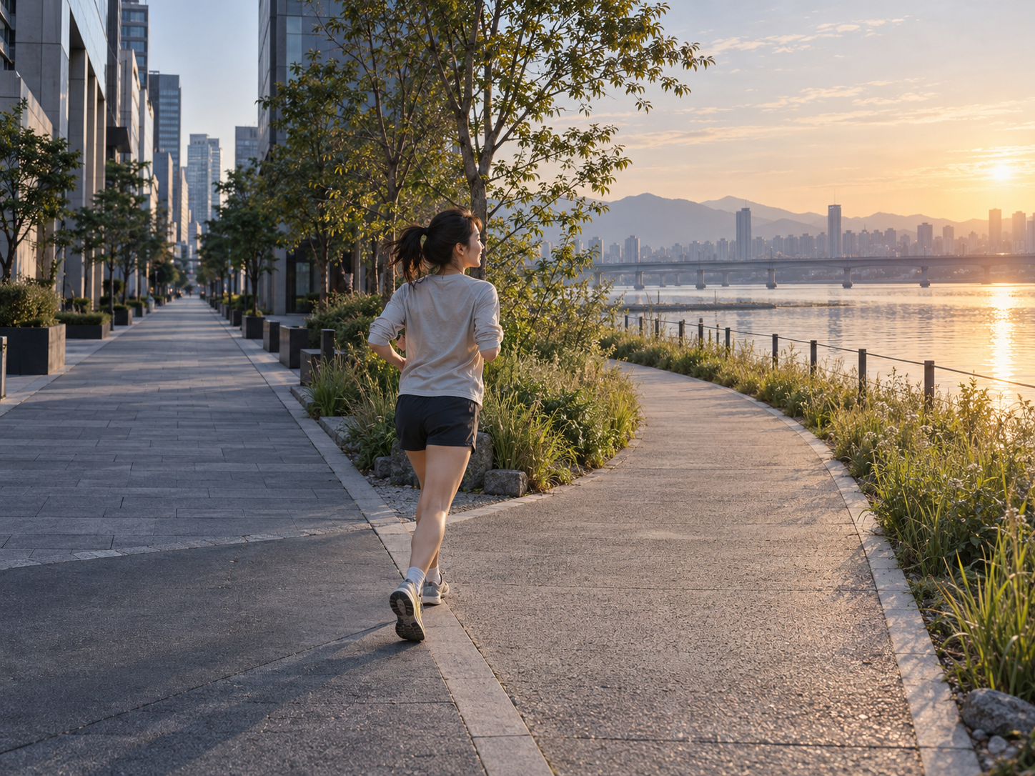 강변의 서로 다른 길 사이에서 달리는 가상 러너의 AI 생성 에디토리얼 이미지